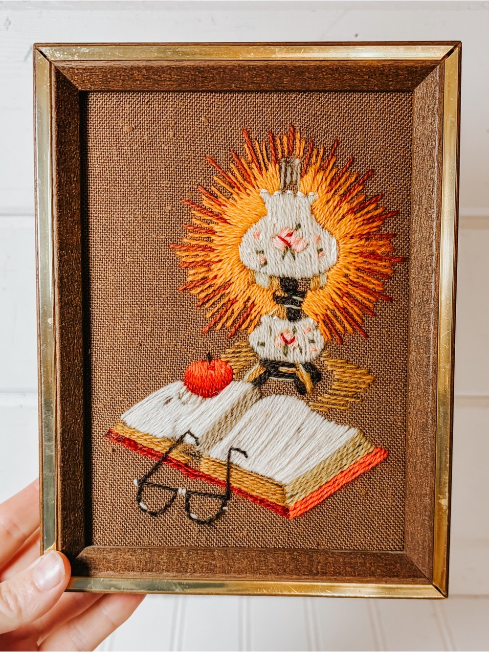 Vintage Framed Reading By Lamplight Crewel Wall Hanging | 70s | Mid Century